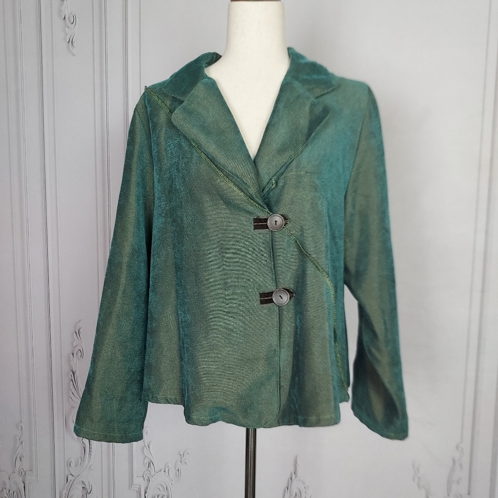 Iridescent Asymmetrical Chenille Blazer Jacket Aqua Green Blue M